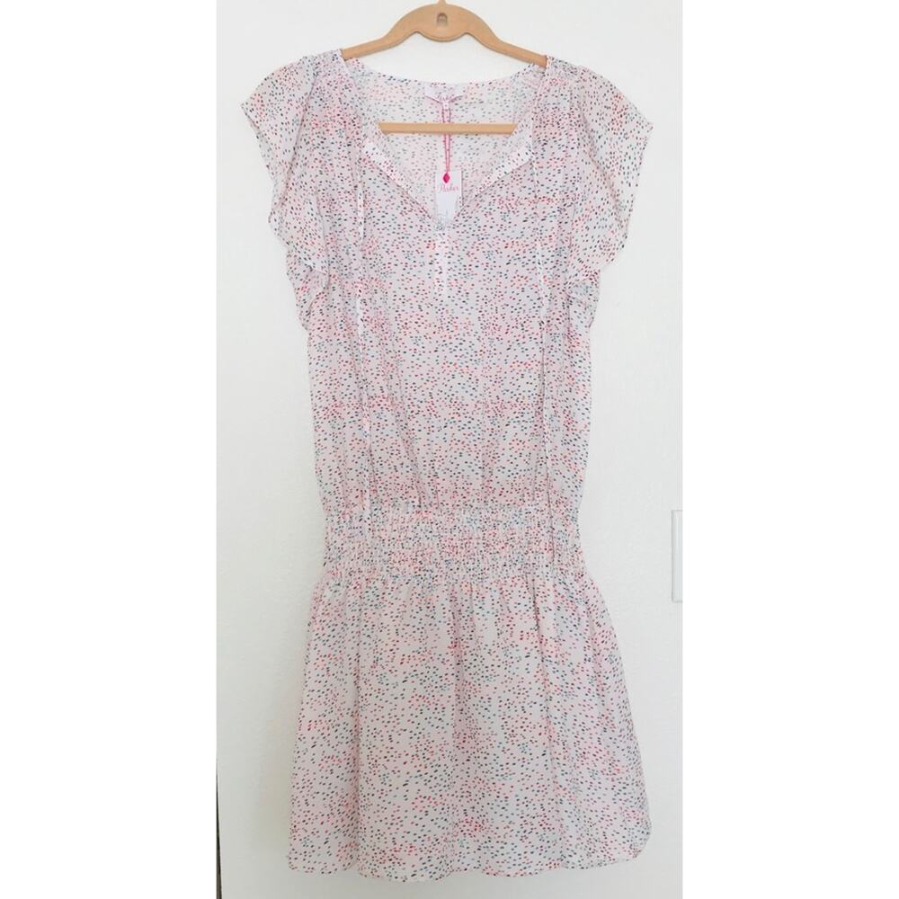 Parker New York Pink Dottie Print Silky Smocked Mini Dress Flutter Sleeve NWT - Picture 7 of 9
